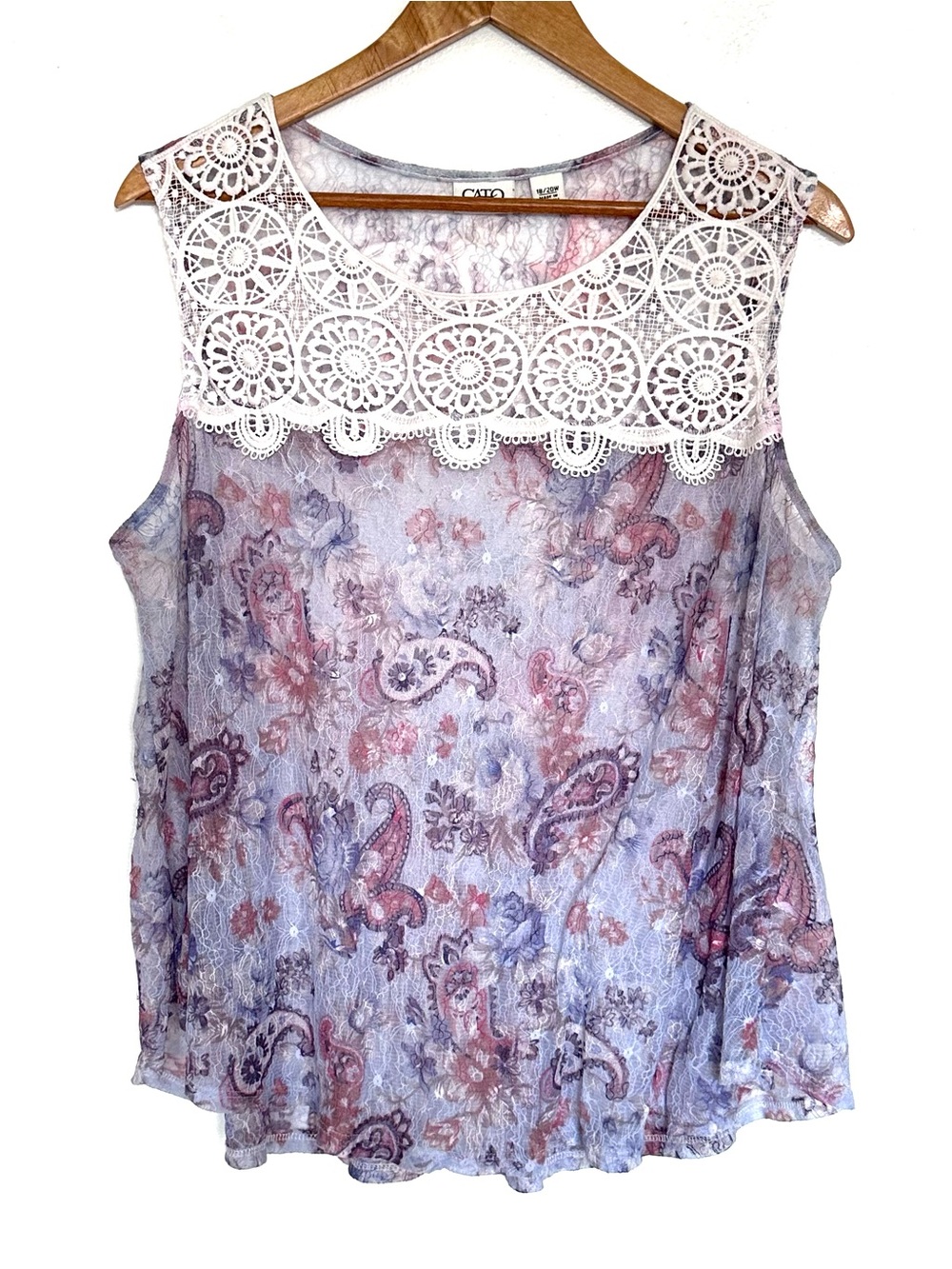 Cato Plus Shirt Women’s Size 18/20W Purple Paisley Sheer Lace Sleeveless Top